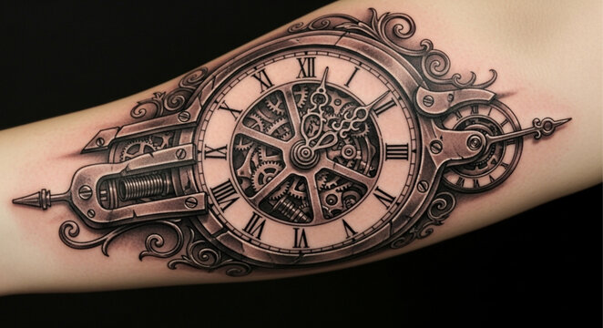 Tattoo of clock on arm.