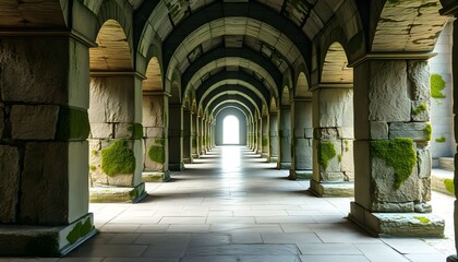 Fototapeta premium An ancient stone corridor with arches leads to a bright outdoor area through a long hallway.
