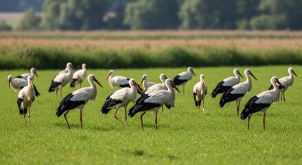 Obraz premium Group of White Storks Grazing in a Green Field.