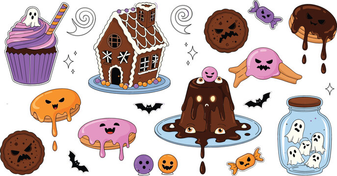 Cute Halloween dessert vector set featuring spooky cupcakes, gingerbread haunted house, dripping donuts, candy jar ghosts, bats and sweet holiday treats