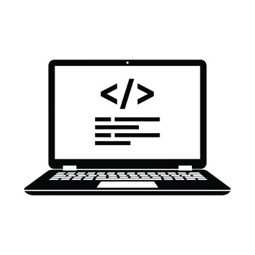 A black silhouette of a laptop displaying code symbols representing software development and programming concepts high quality