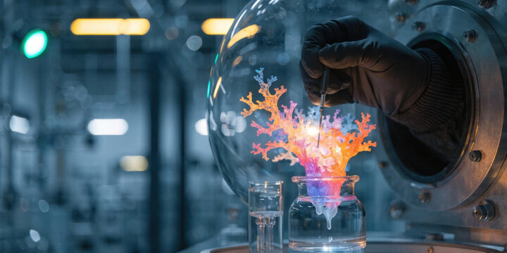Gloved scientist transfers glowing coral like polymer sterile lab highlighting pharmaceutical