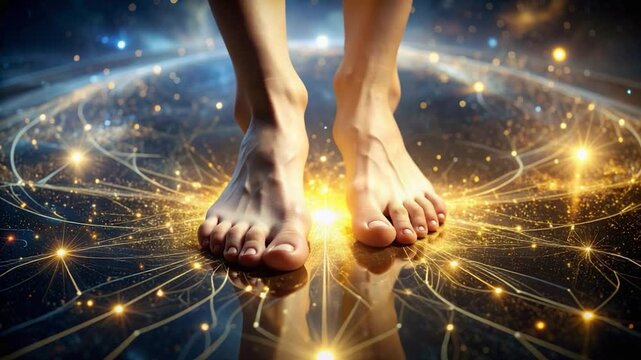 Human feet hover over a glowing network of lights and connections