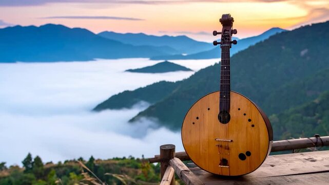 A stringed instrument sits overlooking a mountainous, foggy landscape at sunset