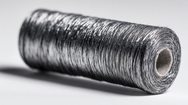 A spool of black and white thread on a clean surface