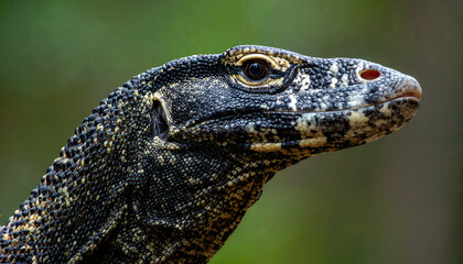 Close-up of a monitor lizard's head with yellow and black scales outdoors