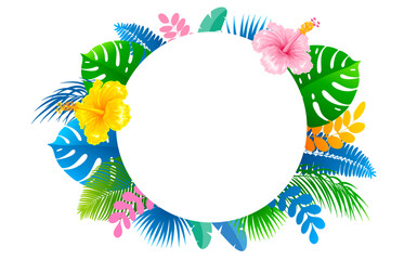 Circle frame with tropical leaves and flowers. Background with hibiscus flowers and tropical leaves of monstera, palm, banana and other. Border with exotic plants. Vector illustration © Pagina