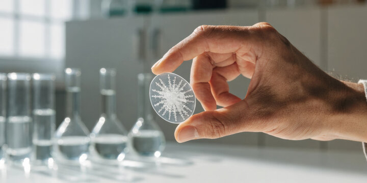 Pharmaceutical technology petri dish held by hand showing microbial culture lab setting
