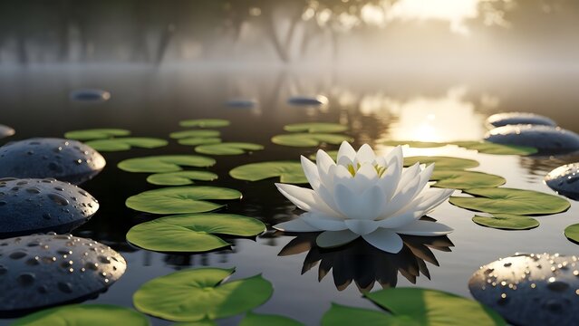 White Lotus Flower Floating On Calm Water With Lily Pads And Stones In Soft Morning Light Zen Meditation Nature Scene