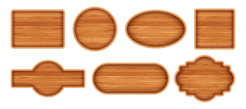 Wooden signs edged with rope. Set of wooden planks various shape. Old nautical signboards with wooden texture. Vector illustration