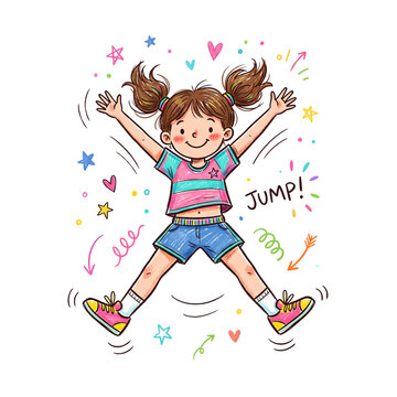 Girl Jumping Jacks Color Doodle Fitness Transparent Background