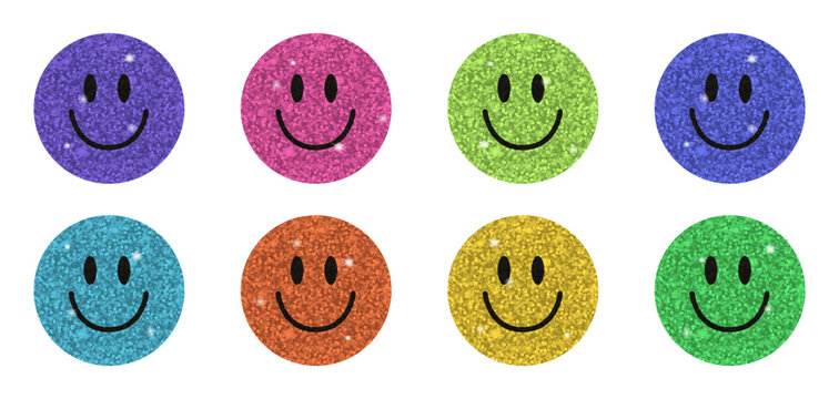 Set of glitter smiley face stickers isolated on white background. Sparkling round emoji icons in purple, pink, green, blue, orange, and yellow with shiny texture and cheerful expressions.