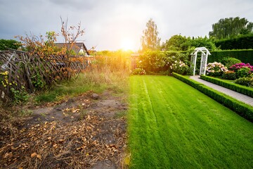 Obraz premium Before and after garden transformation showing neglected messy yard versus clean landscaped outdoor space, ideal for real estate marketing, home improvement and landscaping service promotion.
