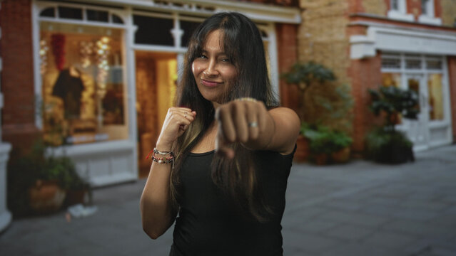 Woman with fists raised in a playful boxing pose on street storefront; confidence resilience determination courage.
