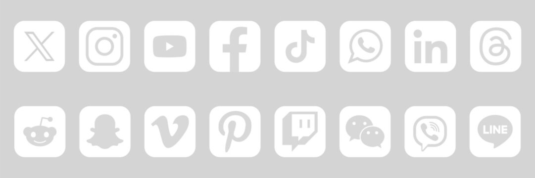 Social Media Icons Set 2026 including - X, Instagram, YouTube, Facebook, TikTok, WhatsApp, LinkedIn, Threads, Reddit, Snapchat, Pinterest, and More White Minimalist Vector Illustration