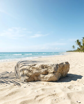 Natural rock podium on sunny beach with palm shadows and turquoise ocean waves.