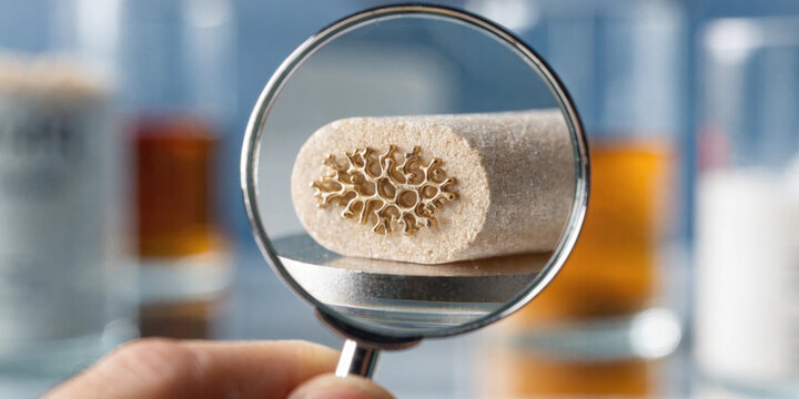 Pharmaceutical technology dental chew analyzed under magnifier for pet health and hygiene