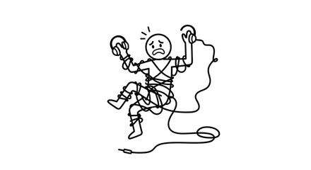 Obraz premium Frustrated person tangled in headphone cables vector illustration design element for tech themes