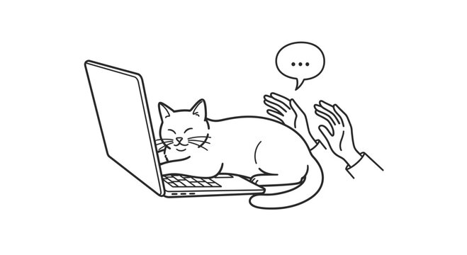 Funny Cat Interfering with Remote Work on Laptop Computer Line Art Vector Illustration