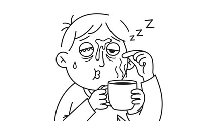 Fototapeta premium Sleepy Man Trying to Drink Hot Coffee to Wake Up Illustration Vector Line Art Design Element