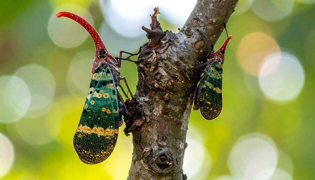 Lanternflies on a tree branch, vibrant colors and unique insect.