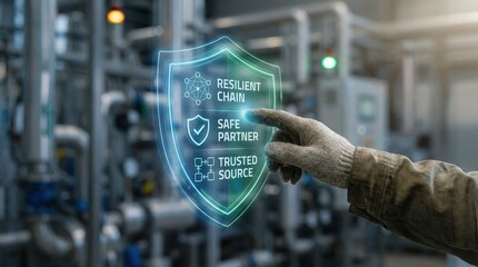 Naklejka premium Friendshoring - A hand activates a floating, shielded interface displaying resilient chain, safe partner, and trusted source around supply nodes in an industrial setting.