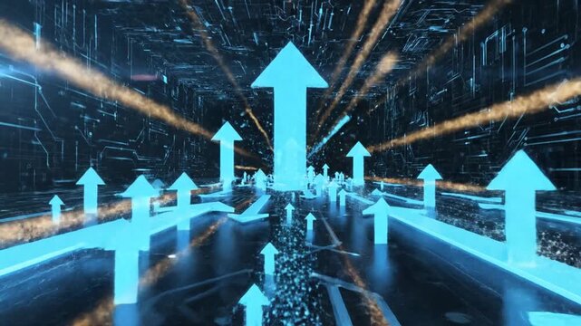 Abstract digital tunnel with arrows leading forward on dark background