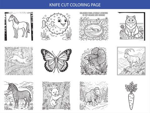Diverse animal coloring page set featuring horse pufferfish lungfish cat butterfly betta fish goat zebra koala and mammoth