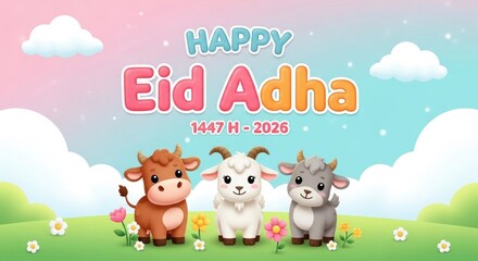 Fototapeta premium Happy eid al adha 2026 festive greetings with cute animals celebrations