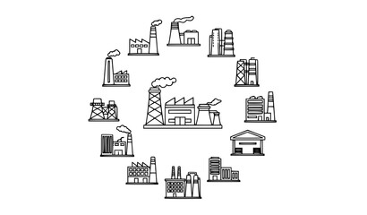 Obraz premium Outline industrial factory icon set line power plant and warehouse symbols vector collection