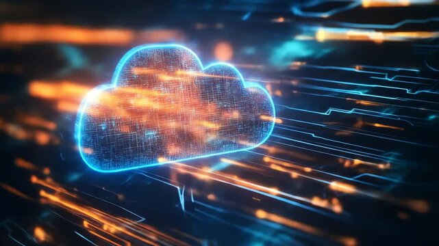 Abstract digital cloud computing concept with data flow lines