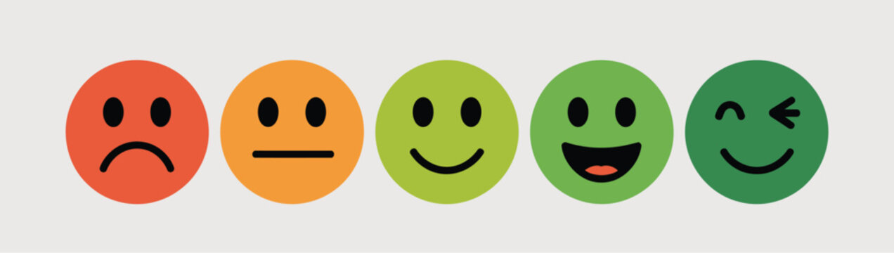 emoji feedback icon collection, positive and negative reaction faces, smiley rating symbols in six colors, happy neutral sad emoticons, customer response and review concept, modern vector design.