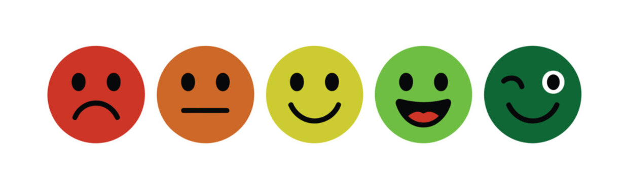 feedback emoji icons vector, good and bad emoticon signs, happy and sad reactions, six color faces, smiley rating icon set with happy neutral and sad expressions, clean flat vector illustration.
