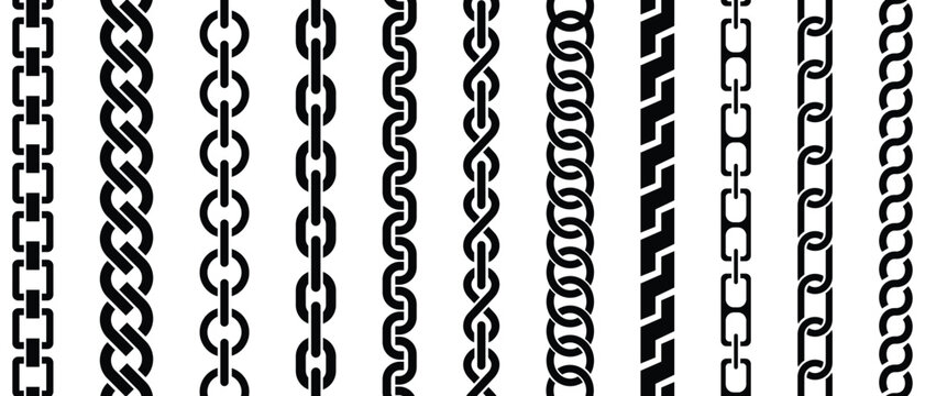 Chain brush pattern. Chain pattern. Silhouette chains. Vector chain set with a strong steel link is isolated on white background. Vector illustration. 