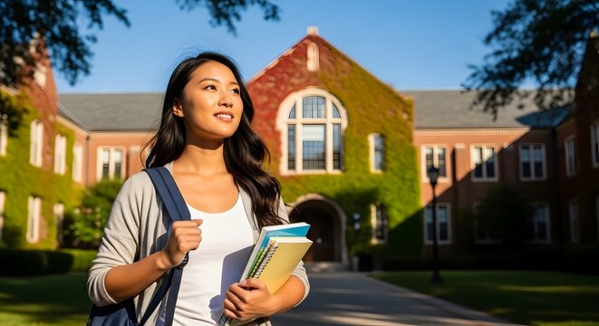 Asian Student Walking on Campus, College Education Concept