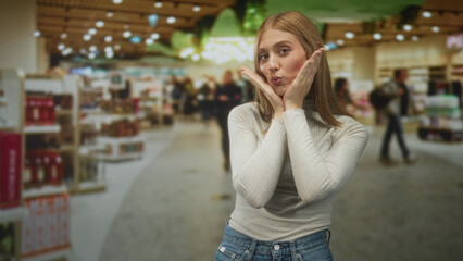 Fototapeta premium Woman forms heart with hands in a retail building aisle, smiling and posing near shelves and products; joyful affection.