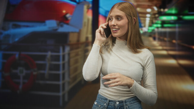 Young redhead woman speaking on smartphone with hand near stomach and slight head tilt, standing on cruise ship deck by lifebuoy and railing; travel contentment.
