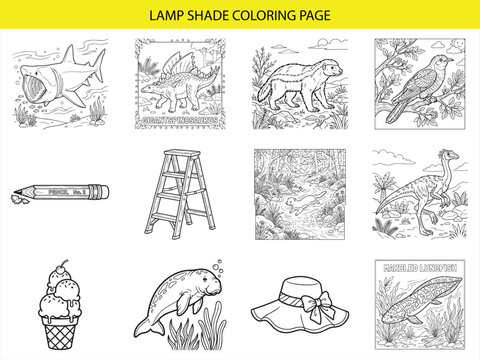 Diverse animal and object coloring page set featuring shark dinosaur honey badger bird pencil ladder forest lungfish ice cream