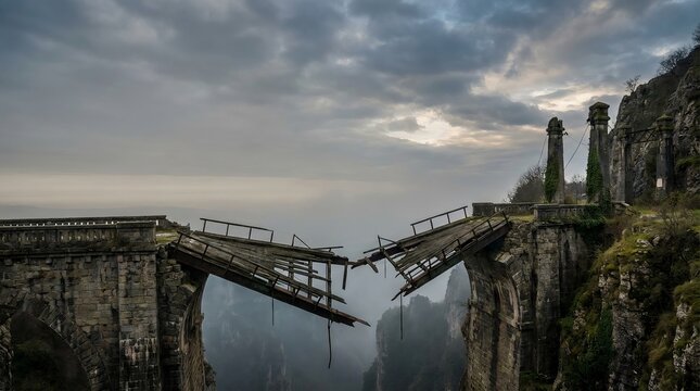 Broken Bridge Over Deep Canyon &ndash; Disconnection, Failure and Lost Connection Concept