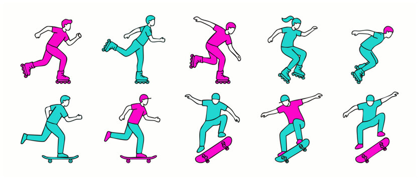Skateboard Rollerblade Sport Activity Seamless Pattern. Active lifestyle illustration with Skateboarding and Inline skating in Pink and Blue color palette on a white background. Vector design.