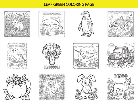 Leaf green coloring page collection featuring mouse porpoise penguin robin broccoli narwhal truck tomato monkey rabbit dingo