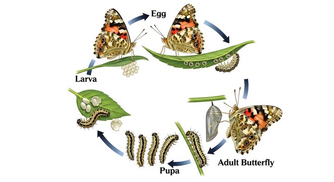 Butterfly life cycle illustration showing adult butterfly laying eggs, small larvae feeding, larger caterpillars, pupa stage and new adult butterfly, arranged in a circular sequence to teach complete 