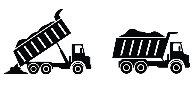dump truck icon set, construction vehicle silhouettes, gravel unloading and loaded truck symbols, transport and industrial machinery vector illustration, simple modern design.