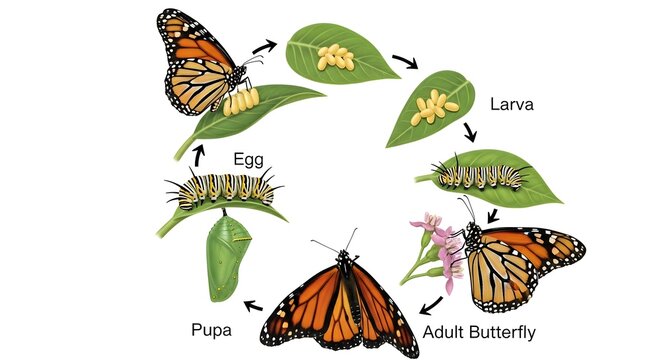 Monarch butterfly life cycle chart with adult laying eggs, yellow eggs on leaf, striped caterpillar larva, green hanging pupa and bright orange adult butterfly visiting flower, clearly demonstrating e