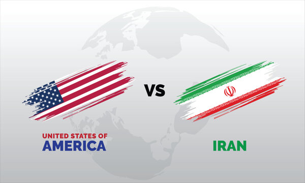 US USA United States of America vs Iran Iranian country national flag, US America vs Iran Flag with world map behind them.