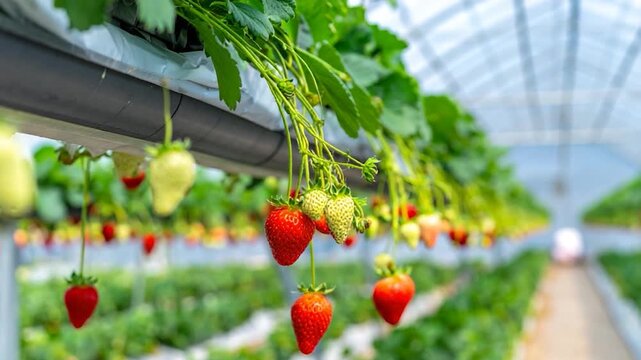 Inside a greenhouse, hanging red strawberries in various stages