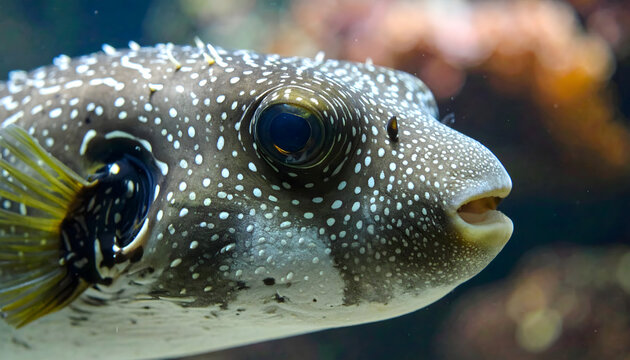 Close-up of a pufferfish swimming near coral reef underwater