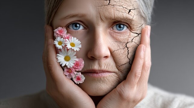 Woman holding her face with flowers on one side and cracks on the other side