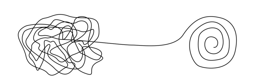Tangled to Clear Path: A visual metaphor of the journey from confusion and complexity towards clarity and resolution, depicted through contrasting line art. 