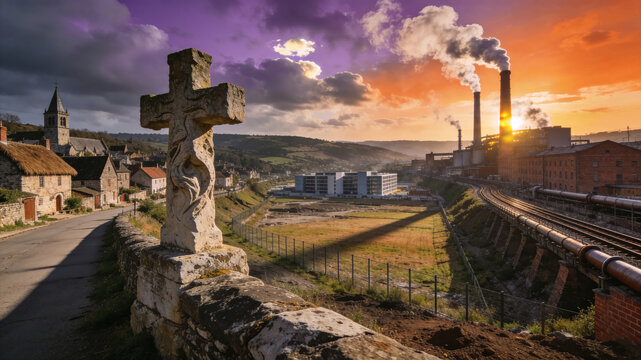 Dramatic landscape showing the transition from a medieval stone village with a carved cross to a modern industrial factory with smoking chimneys at sunset